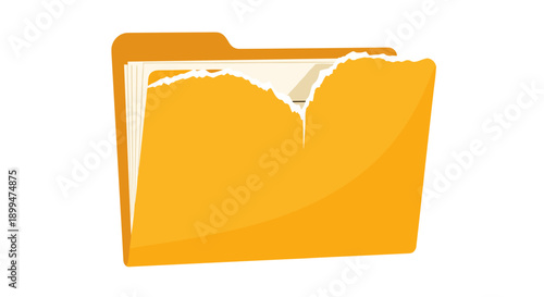 Yellow torn folder with jagged edges isolated on a clean white background, showcasing damage and wear in a minimalist style
