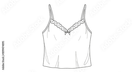 Illustration of a pajama cami with lace detailing, isolated on a white background, showcasing a delicate and elegant design with thin straps and intricate stitching