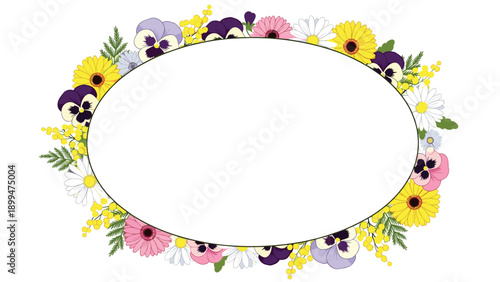 Oval frame border decorated with colorful spring flowers like pansies, daisies, and gerberas on a clean white background.