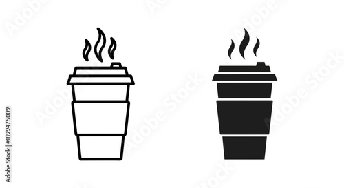 Steaming coffee cup icon, available in outline and solid black, ideal for cafes, morning coffee, and hot beverages.