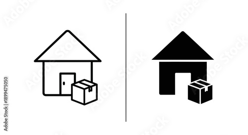 Delivery box icon next to a house symbol, representing home delivery, shipping, or moving services.