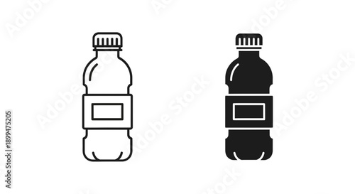Plastic bottle icon with a label, in outline and solid black, representing water, drinks, packaging, and refreshment.