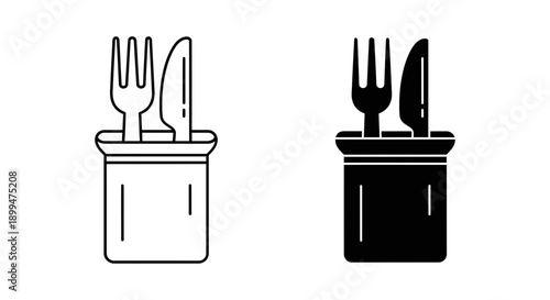 Cutlery holder with fork and knife, in black and white outline and solid styles, signifying dining, restaurant settings, and table service.