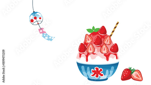 Delicious bowl of japanese shaved ice topped with fresh strawberry slices and syrup next to a summer wind chime.