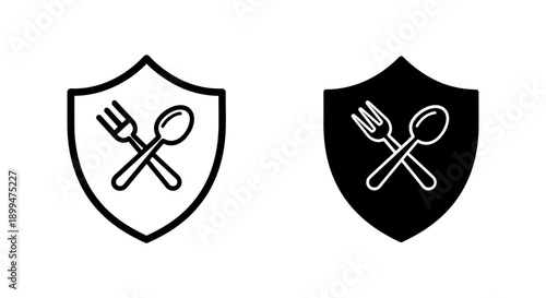 Shield icon with crossed fork and spoon, representing food safety, quality, or a restaurant brand.