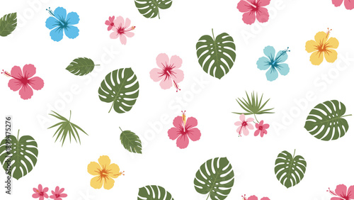 Colorful summer pattern with tropical hibiscus flowers and monstera leaves scattered randomly over a clean white background.