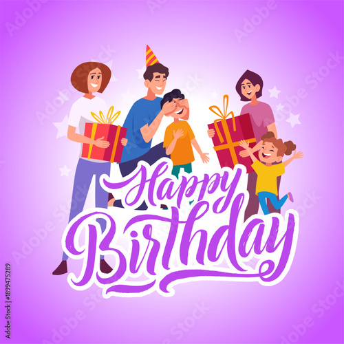 Birthday placard. parents with present boxes. vector design templates of poster