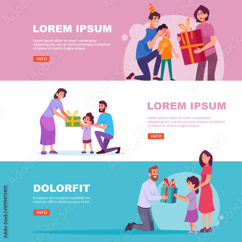 Happy birthday. banners with happy parents holding and presenting boxes to kids