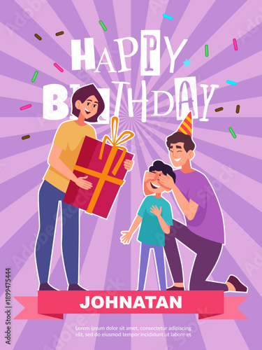 Happy birthday. parents with present box. birthday party invitation poster design