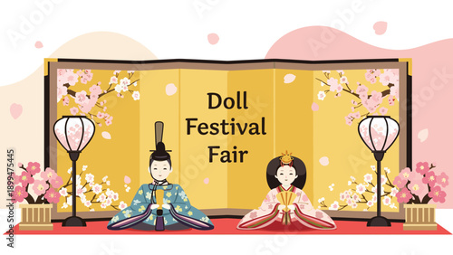 Traditional japanese doll festival scene featuring emperor and empress dolls on a red carpet in front of a golden screen.