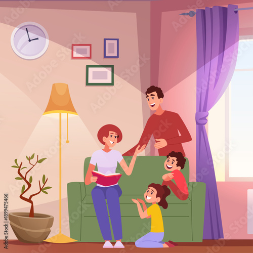 Happy family. parents spend time with kids reading book in living room
