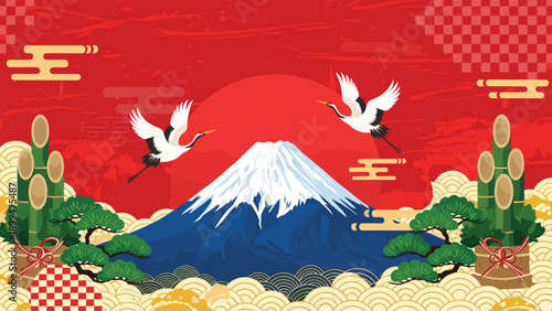 Iconic japanese landscape showing mount fuji against a red rising sun with flying cranes and festive kadomatsu decorations.