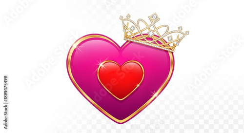 Royal pink heart with golden crown and red center on white background symbolizing love and royalty