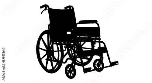A silhouette of a wheelchair viewed from the side on a white background