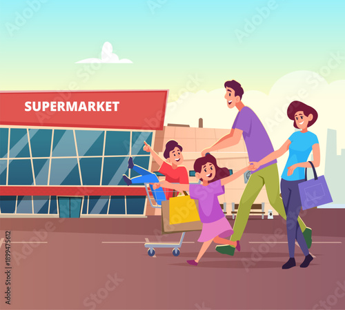 Supermarket. family happy kids with parents going to supermarkets