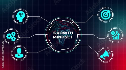 Growth Mindset and Professional Development Concept with Global Learning Innovation and Success Vision Icons
