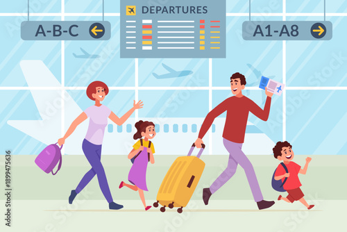 Tourists in terminal. happy family running in airport
