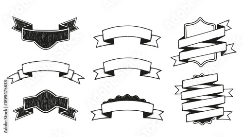 Set of diverse hand-drawn ribbon banners and labels in black and white sketch style for titles and headings.