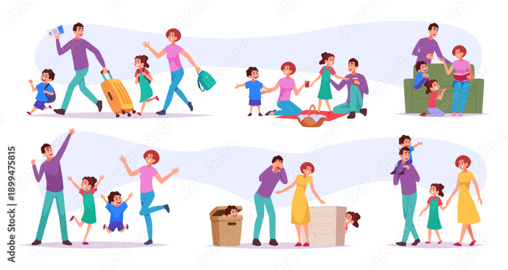 Fototapeta premium Big family. Mother father sister and brother daily games exact vector family group