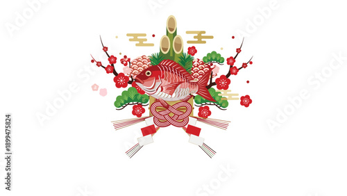 Auspicious red sea bream or tai fish displayed with traditional japanese new year decorations including pine and bamboo.