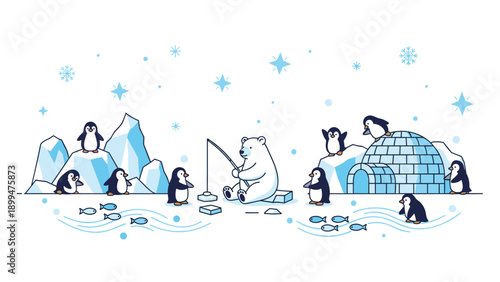 Whimsical arctic scene with a polar bear and many penguins fishing through holes in the ice among icebergs and igloos.