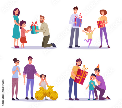 Surprise. Parents holding and present gift for little kid exact vector happy family scenes