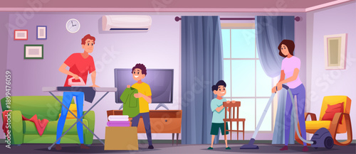 Kids helping parents. Childrens homework in family with mother and father exact vector cartoon background