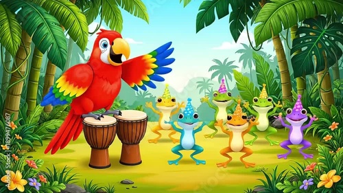 Cute cartoon parrot and frogs playing drums in jungle.
