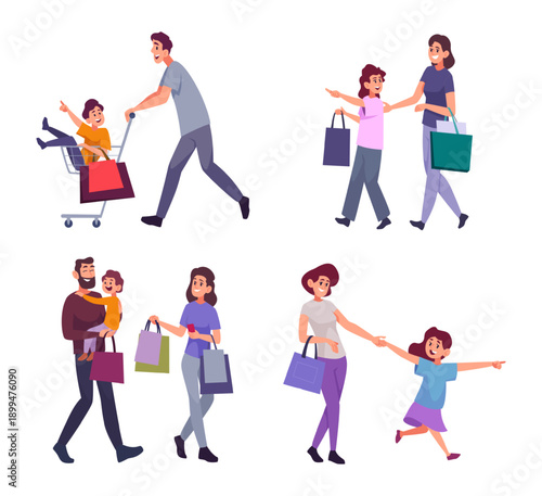 Family shopping. Kids with parents in supermarket people shopping exact vector cartoon characters