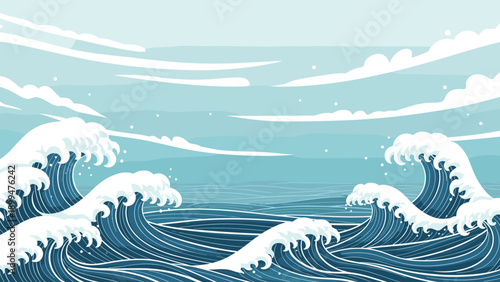 Japanese style ocean waves with white foam and deep blue water crashing against the shore under a pale cloudy sky in a traditional style.