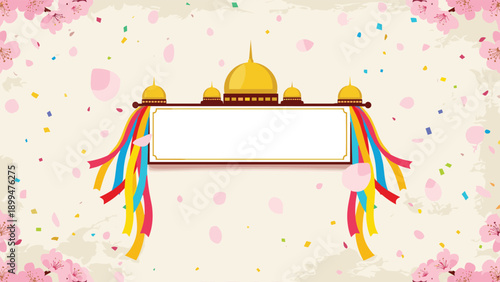 Elegant gold mosque silhouette decorated with colorful flowing ribbons and falling pink cherry blossom petals on a soft background.