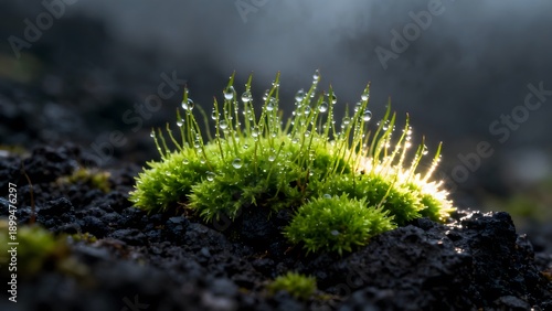 Wallpaper Mural Backlit Clump of Green Moss with Sparkling Dew Drops on Dark Volcanic Soil Torontodigital.ca