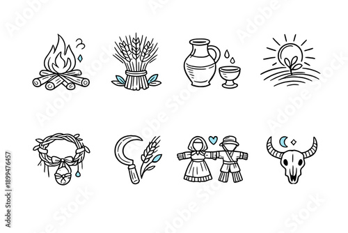 Collection of folk art icons representing harvest, tradition, and nature symbols