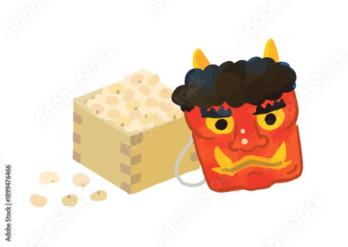 かわいい節分の手描きのお豆と鬼のお面イラスト