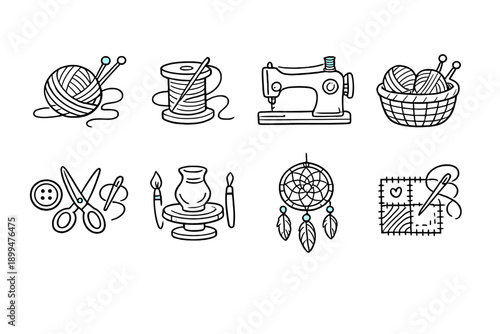 Collection of hand-drawn craft and hobby icons on a black background