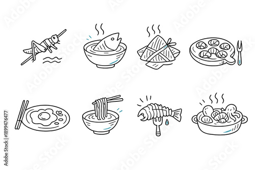 Collection of hand-drawn Asian food icons and dishes on a black background