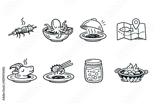 Collection of hand-drawn food icons representing diverse culinary dishes and ingredients