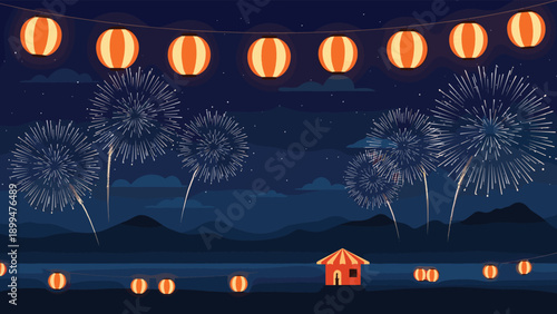 Summer night festival scene with hanging orange lanterns and fireworks over mountains and a small building for traditional japanese culture.