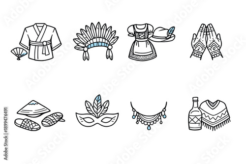 Collection of cultural icons representing diverse traditions and clothing styles
