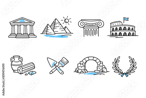 Collection of ancient civilization icons, including architecture, artifacts, and symbols