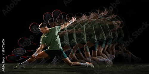 Foto Stroboscopic tennis forehand lunge motion sequence on black background