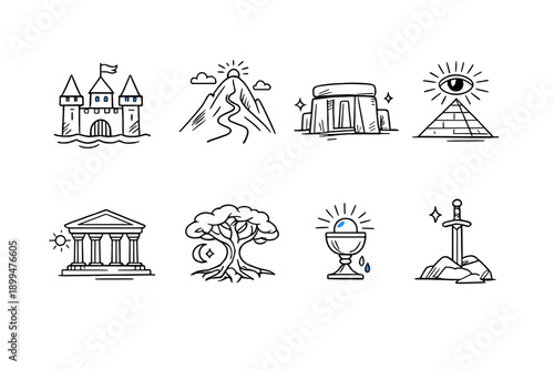 Collection of mystical and historical symbols in a minimalist white outline style