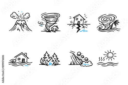 Collection of hand-drawn icons representing natural disasters and extreme weather events