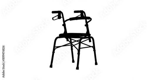 A black metal walker with a seat is depicted against a plain white background from a front view.