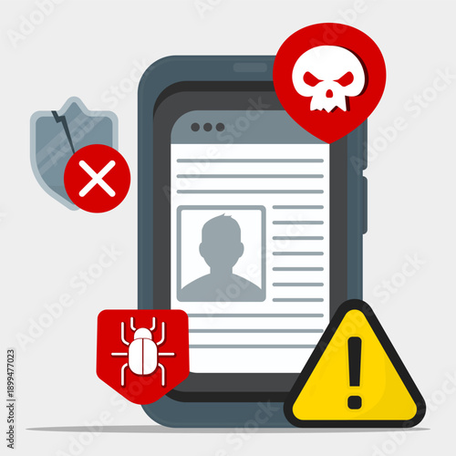 Digital identity under cyber threat on mobile device, showing malware, data breach risk, warning alerts, and hacker attack concept