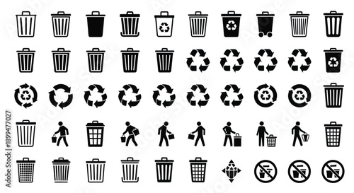 Collection of black and white icons depicting waste management and people