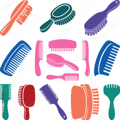 Colorful Hair Brush and Comb Icon Set Vector Illustration