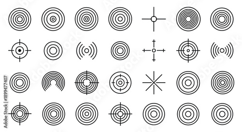 Collection of abstract target symbols and concentric circle patterns on white