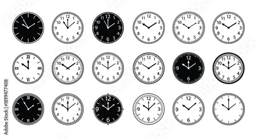 Collection of analog clocks displaying various times on a white background