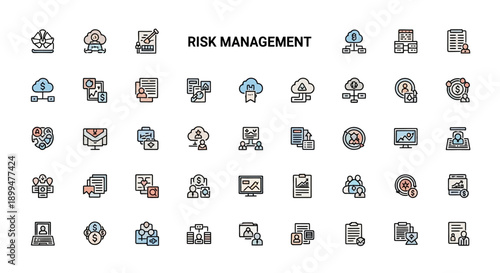 Risk Management Icons Set: Business Strategy, Security, Data Analysis, Planning